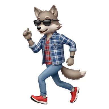 friendly anthropomorphised wolf in jeans and plaid shirt, wearing dark sunglasses, jogging upright in standard pose sticker