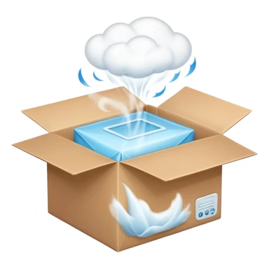 Generate a realistic emoji-style icon of the an open package which is empty and air is coming out of it. Out of the package steam or air is coming out of it  sticker