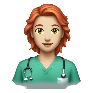 white skin bright red hair green eyes blue scrubs sticker