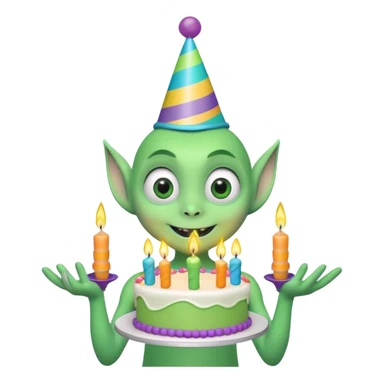 A cute friendly alien holding a birthday cake with candles, big expressive eyes, bright colors, cartoon style, playful atmosphere, 3D animated look, Pixar-inspired, highly detailed
 sticker
