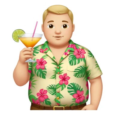 chubby guy full figure in a flowered hawai shirt holding a cocktail sticker
