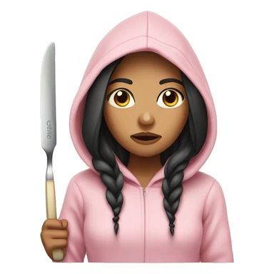 Girl with long dark hair in a light pink hoodie with a serious face holding a butter knife sticker