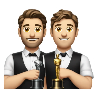 Two bar tenders Dressed in white shirts, black weats, black aprons and black ties receive an oscar. They are males with brown hair. sticker