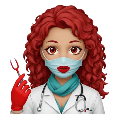 Lilith scalpel in hand, evil surgeon sexy surgeon clothes.  She has red eyes.  Hair is long. Hair is brown and curly hair. Wears sexy doctor outfit with red gloves. Sexy surgeon working for Cartel uses scarf to Cover mouth and sticker