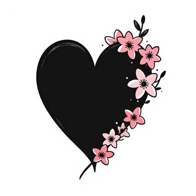 goth sakura heart, ink splatter style, black heart with pink sakura petals, expressive and bold sticker