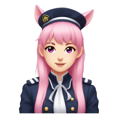 Anime girl, pink eyes, navy uniform, pink pony tail with bangs to the side, pink ghost cat on top of her hat, black choker, elf ears with pier sticker