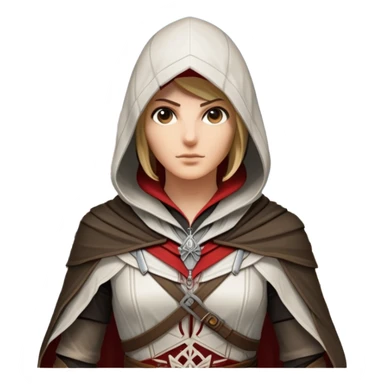 icon featuring Assasin's Creed in an iconic assassin's hood, standing tall. Florence is on background. The design captures the essence of adventure, with intricate details of historical architecture and a sense of mystery. The character is poised, ready for action. transparent background. sticker