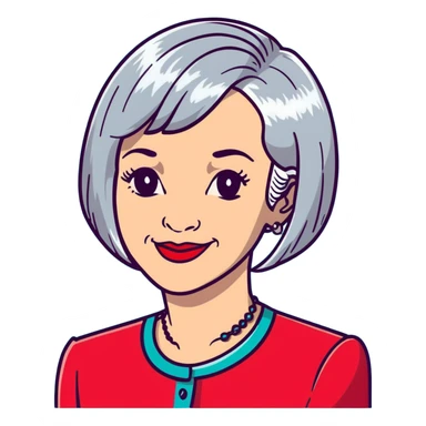 Elegant older woman with silver-gray bob haircut, light skin, almond eyes, red lipstick, red blouse, sophisticated warm smile sticker