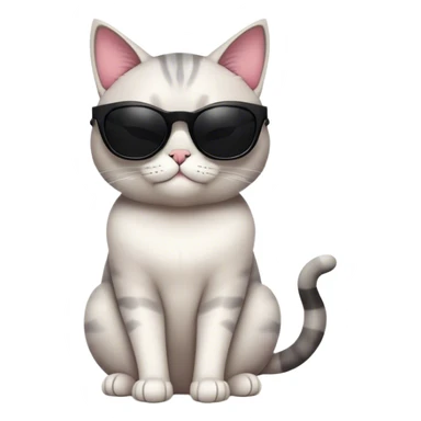 A cool, cartoon-style cat wearing oversized black sunglasses, sitting confidently with a relaxed expression. The cat has smooth fur, a small smirk, and a playful yet stylish posture. Flat, modern illustration, minimal shading, digital art, white background, iOS emoji aesthetic. sticker