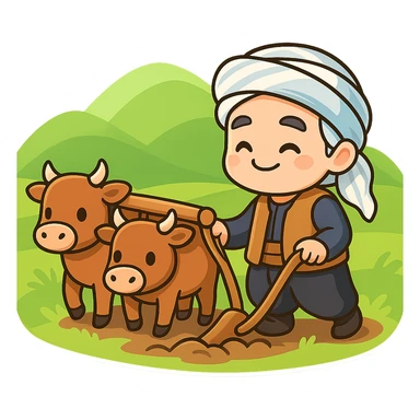 Create a colorful and cheerful cartoon sticker featuring a Kurdish farmer with two cows, a yoke, and a plow on a green hillside. The style should be vibrant, cute, and suitable for WhatsApp and Instagram usage. Maintain a transparent background for easy sticker use. sticker
