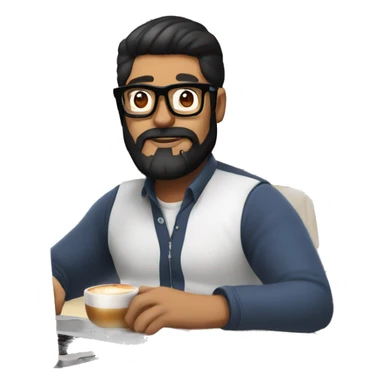Designer with black hair, beard and glasses working with MacBook and drinking cappuccino ketchup sticker
