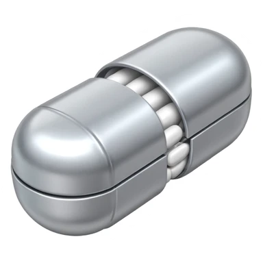 capsule pill emoji, metallic silver halves, smooth glossy finish, futuristic pharmaceutical 3D icon, isolated on white sticker