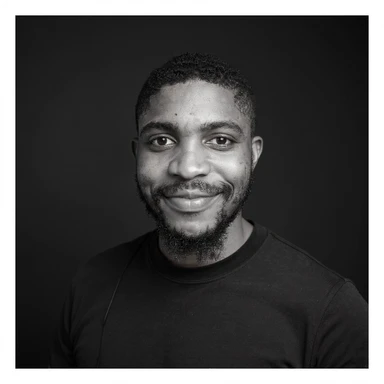 A professional portrait of me in monochrome. Plain black crew neck shirt. Tailored to LinkedIn. Tech boy vibe (programmer). I’m a black man from Nigeria. Retain facial features from attached image. sticker