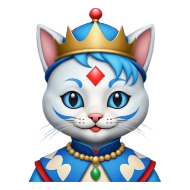crazy colorful cute little cat jolly joker from poker, medieval, vintage, court jester, mac os icon, blue color, poker cards sticker