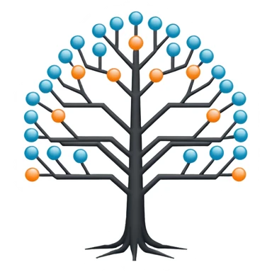 Minimalistic flat vector icon, iOS style, thin black contour on white background. Binary tree diagram with connected nodes. Clean, no text, no shadows sticker