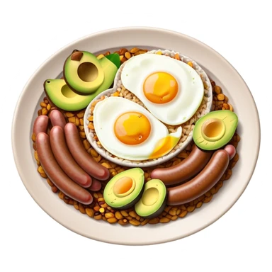 Bandeja Paisa Cinematic Realistic Bandeja Paisa Dish Emoji, depicted as a hearty platter featuring rice, beans, avocado slices, one sausage, a perfectly cooked egg, and crispy pork crackle, rendered with vivid textures and robust, inviting lighting. sticker