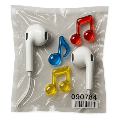 pair of white EarPods with three floating transparent glass music notes in primary colors, glossy and inflated, vacuum-sealed style sticker