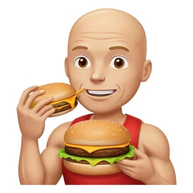 A white bald kinda buff man eating a cheeseburger sticker