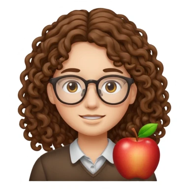 apple style emoji of a young modern face with long curly hair and glasses sticker