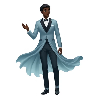 Ethereal male fashion silhouette with formal wear and subtle energy waves, floating style essence, masculine inspiration sticker