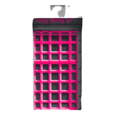 Brutalist gray concrete block building with one neon pink window sticker