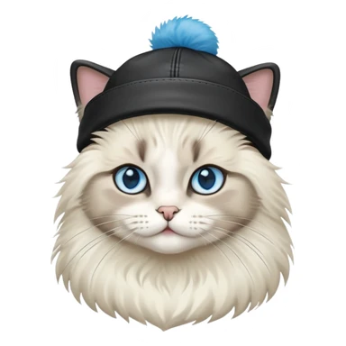 Ragdoll cat wearing a leather jacket and a beanie sticker