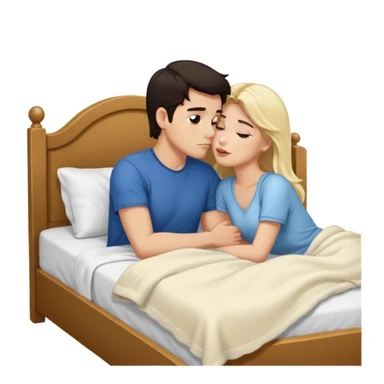 Naked man, dark Hair, kissing naked blonde Woman, bed,  sticker