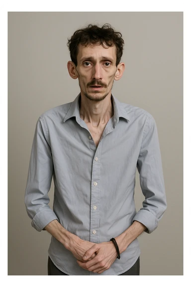 uomo che ha perso massa ed è piatto muscolarmente, lui è in piedi e si vede il fisico debilitato sticker