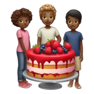 Three black children who eat a trawberry, raspberry and blueberry cake sticker