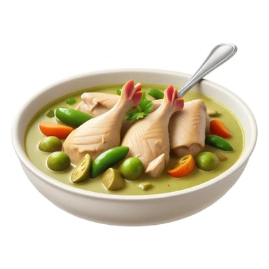 Cinematic Realistic Green Chicken Curry Dish Emoji, depicted with tender chicken simmered in a fragrant green curry sauce with vegetables rendered with rich textures and dynamic, vibrant lighting. sticker