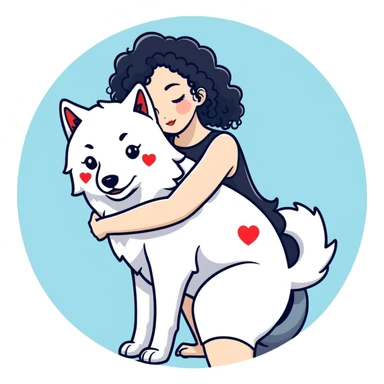 Black curly hair white skin girl hugging one big wolf with hearts above them sticker