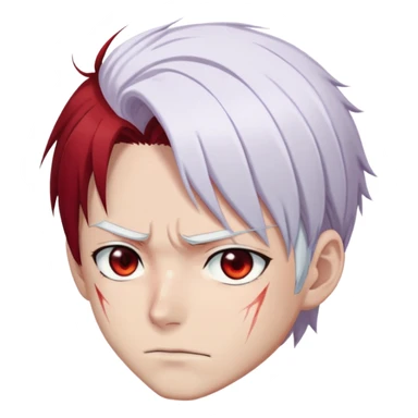 Shoto Todoroki face only, left side white hair, right side red hair, heterochromatic eyes, burn scar on left side of face, serious expression sticker