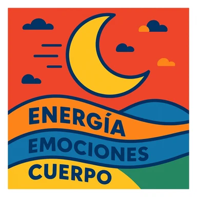 moon moving in a red sky, words 'energía', 'emociones', 'cuerpo' visible, colorful cartoon style sticker