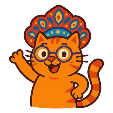 A cat with a kokoshnik and round glasses, lively and animated. sticker