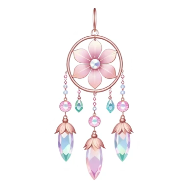 Hanging Iridescent pastel pink sakura crystals white-pearly suncatcher with bells and feathers sticker