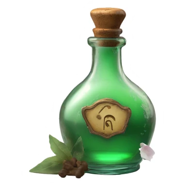 Mysterious Alchemical vintage glass potion bottle, exquisite bottle shape, old and shabby, with label, stylish and minimalistic, brown and shabby-green, oil potion is poured out of the bottle, herbal, flowers and oil is spilled next to it sticker