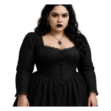 gothic girl, curvy, black Victorian dress, silver jewelry, moody expression sticker
