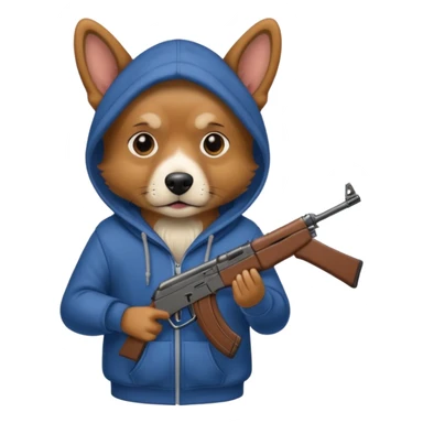dog wearing a hoodie with a ak-47 sticker