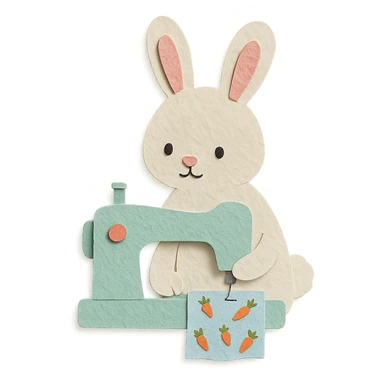 fluffy sewing machine rabbit stitching with a tiny carrot pattern, soft mint pastel, full-body sticker