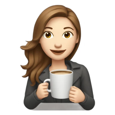 eyes closed smiling woman pale skin middle brown hair holding a closed laptop and a coffee mug sticker