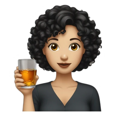 White Woman short black curly hair drink whisky sticker