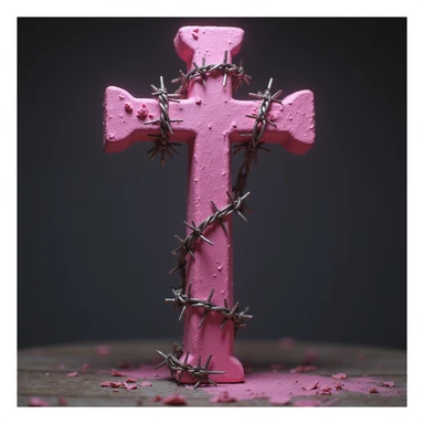 realistic gothic cross, pink with barbed wire, photorealistic style, no background sticker