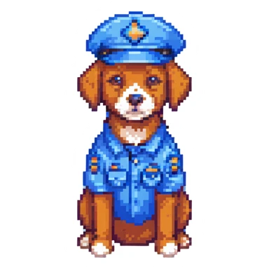 pixel art style dog in a blue police cap sticker