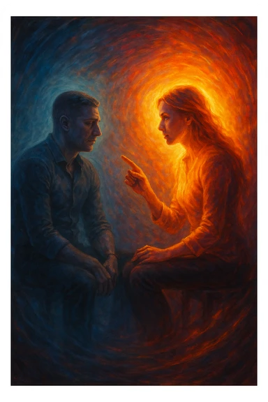 Man receiving advice from a woman, symbolically losing masculine energy, his aura fading while hers shines. Conceptual composition, two seated figures, emotional tension, abstract background." sticker