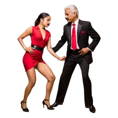 Old mature indian boss with moustache with red tie and with black shirt with formal suit black pants with belt and with black shoes with bachata dancer  girlfriend in small and tight red dress with ponytail holding her thigh and dip her body down with hand  in dip dance move at night (bachata couple) sticker