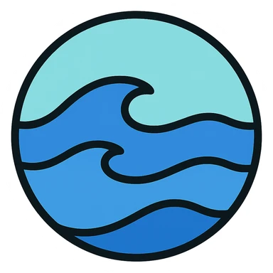 Update the ocean icon so that the sky matches the same style, color, and elements as the sky in the sea icon. Keep the rest of the ocean icon unchanged. Maintain circular shape, medium black border, no frame, white background, color outline style. sticker