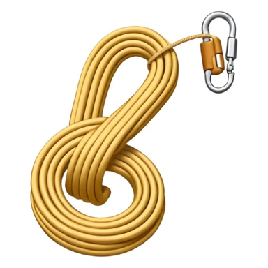 A 3D cartoon coiled climbing rope with a carabiner, golden color, resting on a rocky surface, realistic soft shadows, Memoji-style rendering. sticker