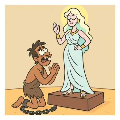 a slave worshipping a goddess, cartoon style, playful, colorful, simple shapes sticker