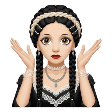 Lene Lovich as seen on the Stateless album cover with a typical symmetrical pose with her hands, lots of lace and braided hair sticker