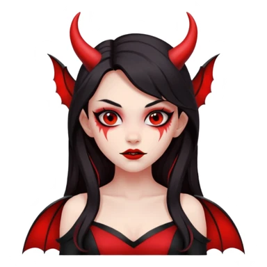 demon girl, skin red , black long hair, small horns, bat wing, black open-back dress, bold black outlines, red+black palette sticker